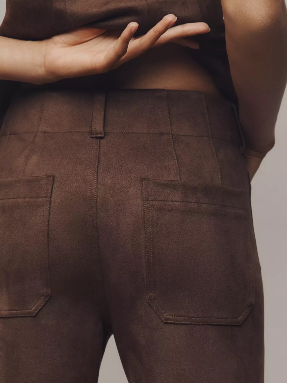 Anthropologie Maeve Colette Faux-Suede High-Rise Wide-Leg Cropped Pants BARK - Picture 3 of 4
